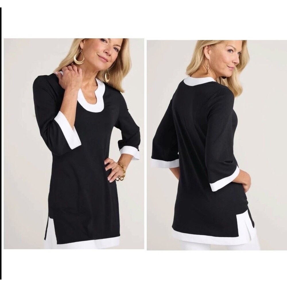 Soft Surroundings Tunic Top M Black White Contrast Colorblock Split Neck Coastal